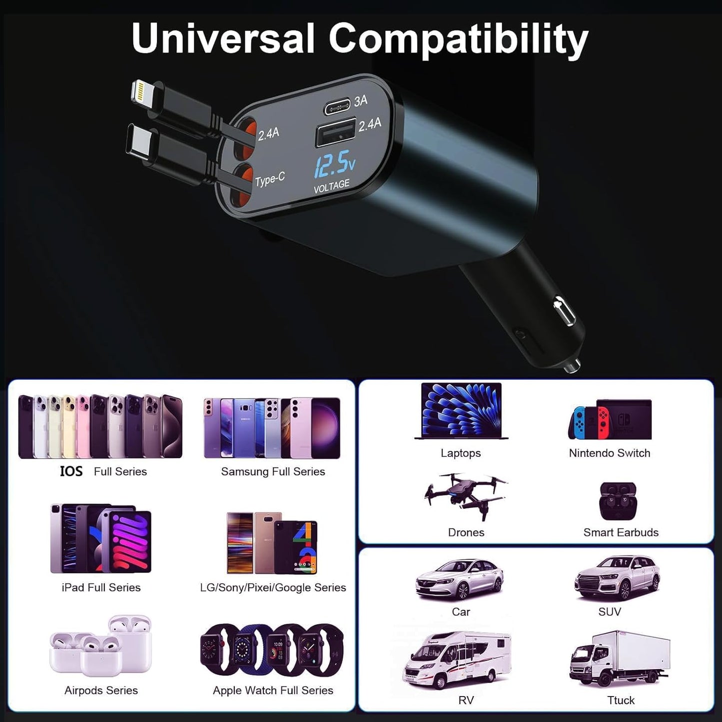 4 in 1 RETRACTABLE CAR CHARGER